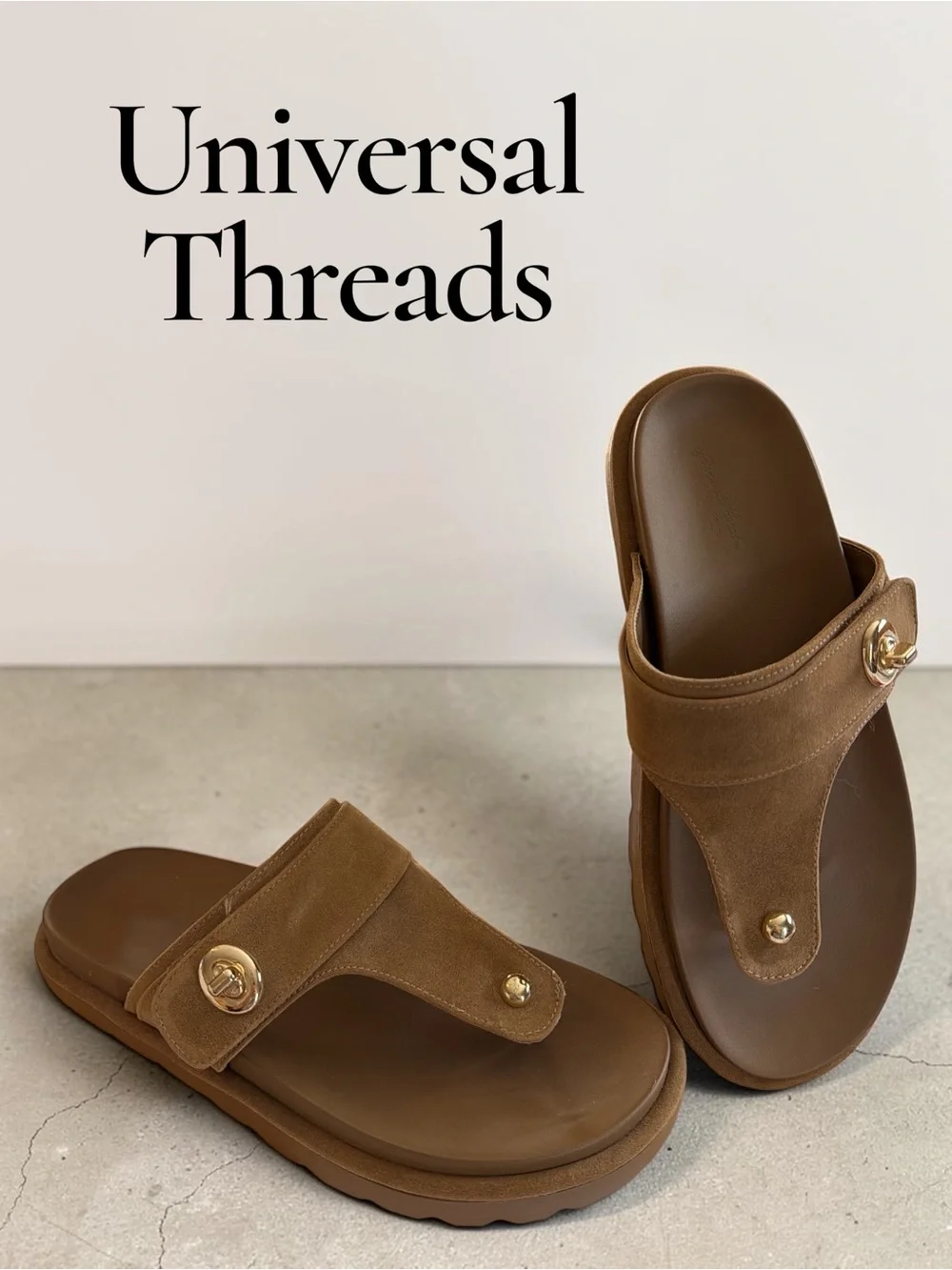 Universal Thread Brown Suede Thong Slide Sandals Gold Hardware Size 9